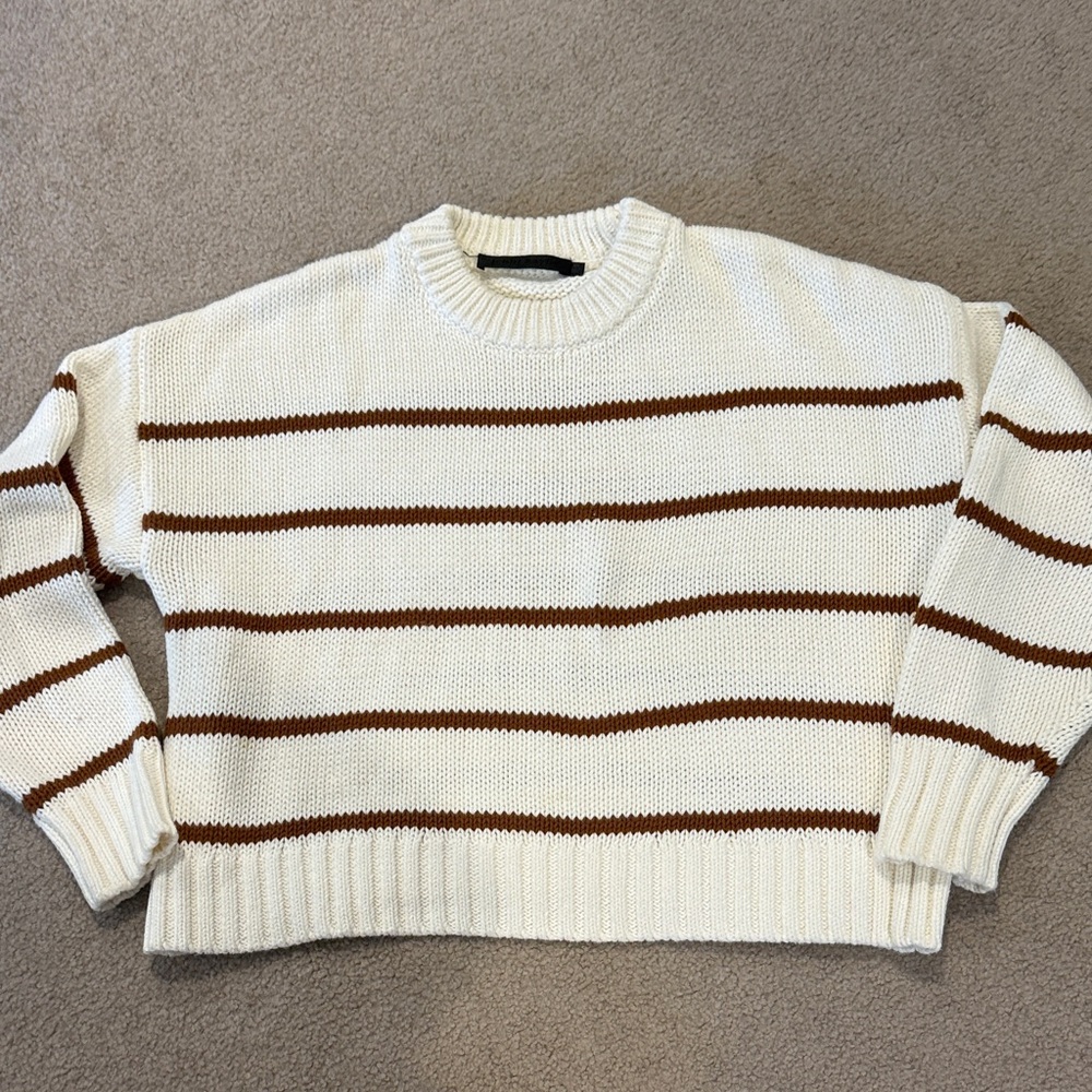 Jenni Kayne Chloe Cream and Brown Striped Crewneck Sweater XS